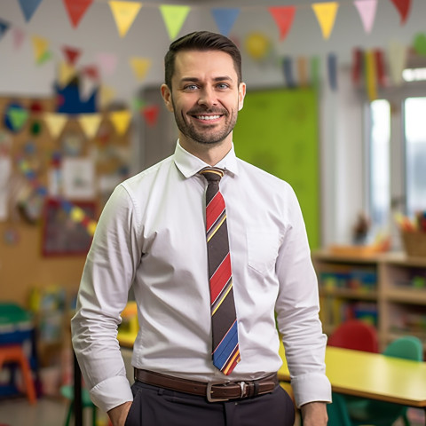 Confident preschool teacher working on blurred background