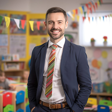 Confident preschool teacher working on blurred background