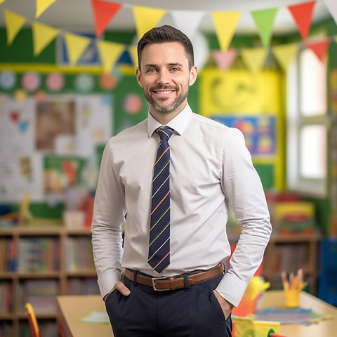 Confident preschool teacher working on blurred background