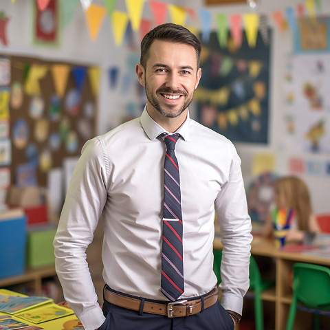 Confident preschool teacher working on blurred background