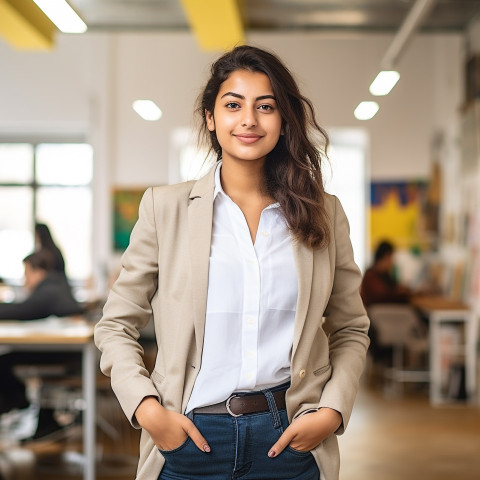 International student working confidently blurred background