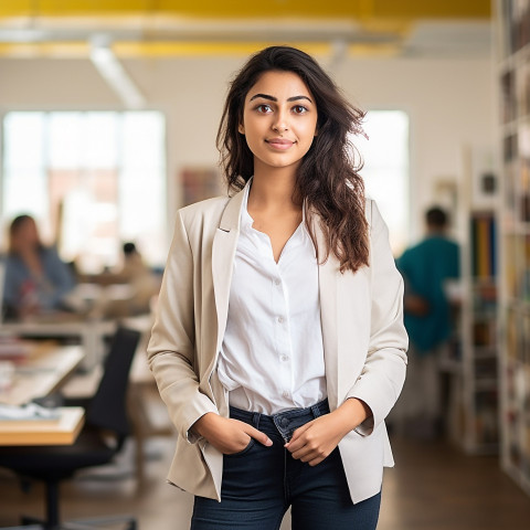 International student working confidently blurred background