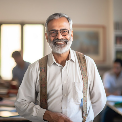 Smiling Indian professor working on blurred background