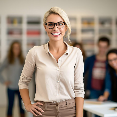 Smiling teacher at work in classroom