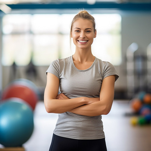 PE teacher smiling at blurred background