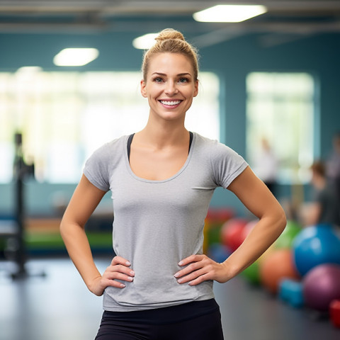 PE teacher smiling at blurred background