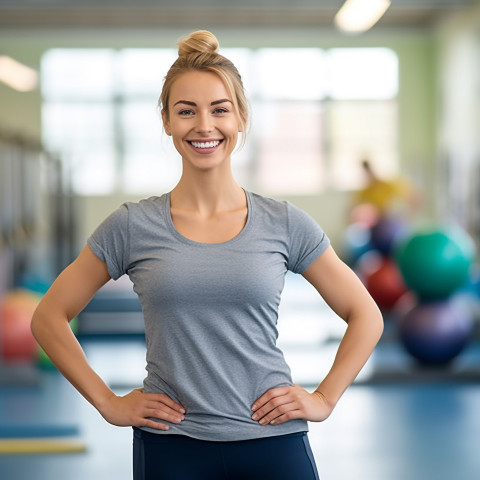 PE teacher smiling at blurred background