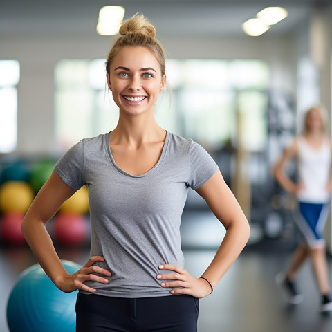 PE teacher smiling at blurred background