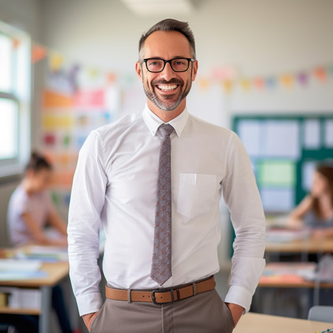 Smiling male elementary school teacher in classroom