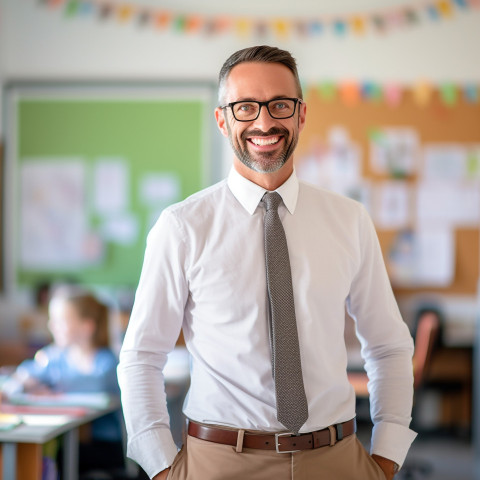 Smiling male elementary school teacher in classroom