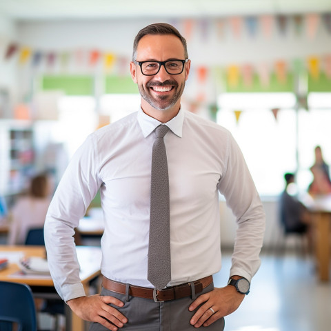 Smiling male elementary school teacher in classroom