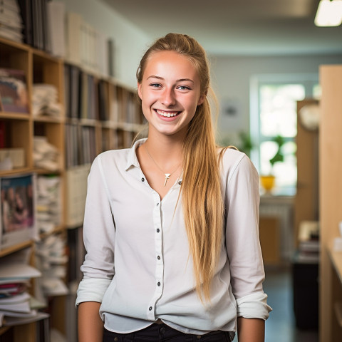 Smiling high school girl working on blurred background