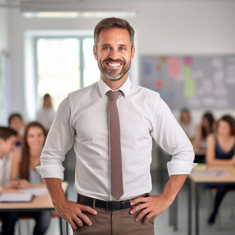 Smiling male teacher working on blurred background