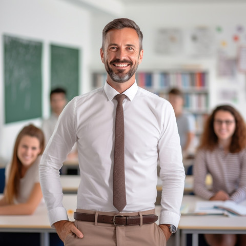 Smiling male teacher working on blurred background