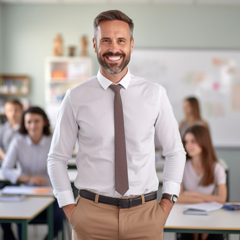 Smiling male teacher working on blurred background