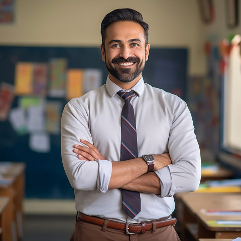 Indian male teacher smiling at work blurred background