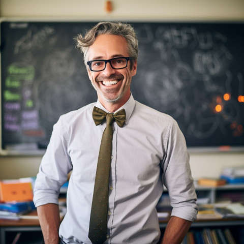 Male science teacher smiling at work in blurred background