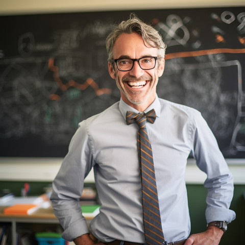 Male science teacher smiling at work in blurred background