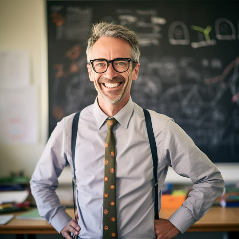 Male science teacher smiling at work in blurred background