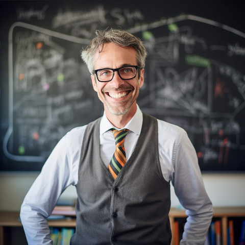 Male science teacher smiling at work in blurred background