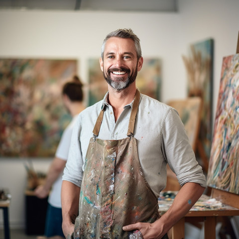 Smiling male art teacher working on blurred background