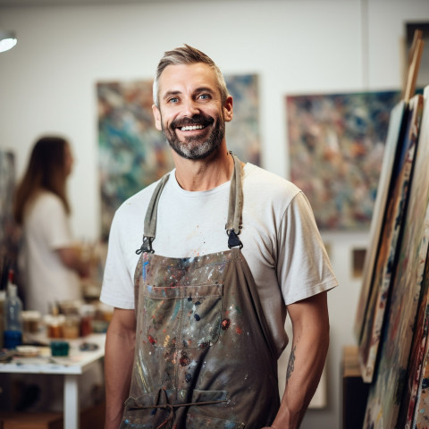 Smiling male art teacher working on blurred background