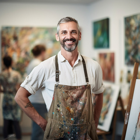 Smiling male art teacher working on blurred background