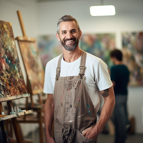 Smiling male art teacher working on blurred background