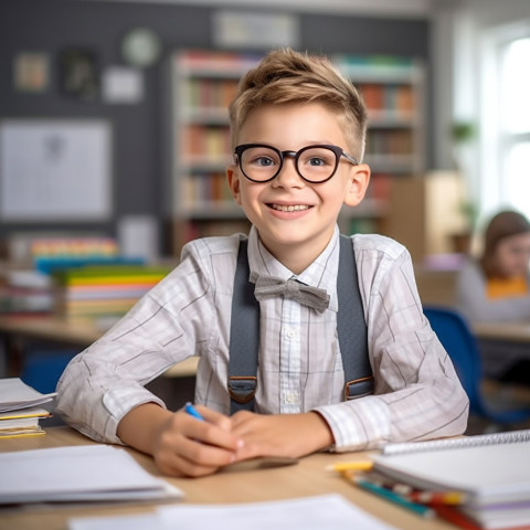 Smiling elementary school boy working