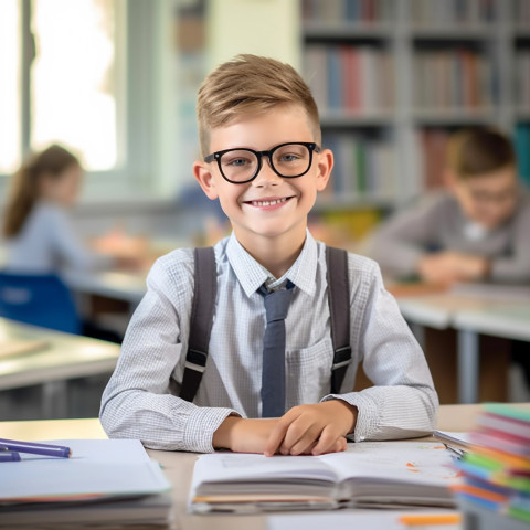 Smiling elementary school boy working