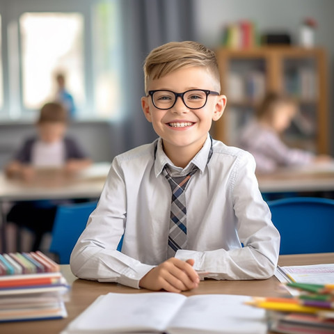 Smiling elementary school boy working