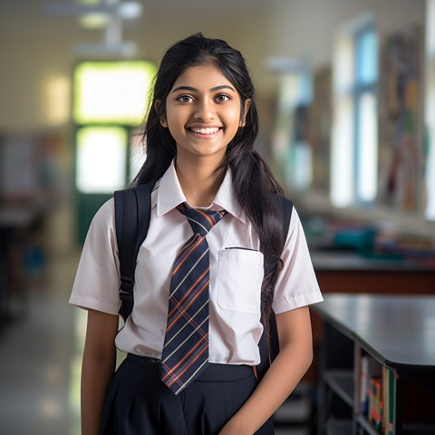 Smiling Indian high school girl working on blurred background