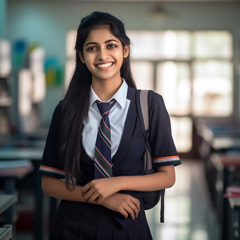 Smiling Indian high school girl working on blurred background