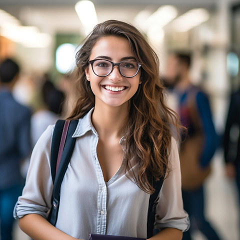 Friendly female college student working on blurred background