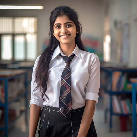 Smiling Indian high school girl working on blurred background