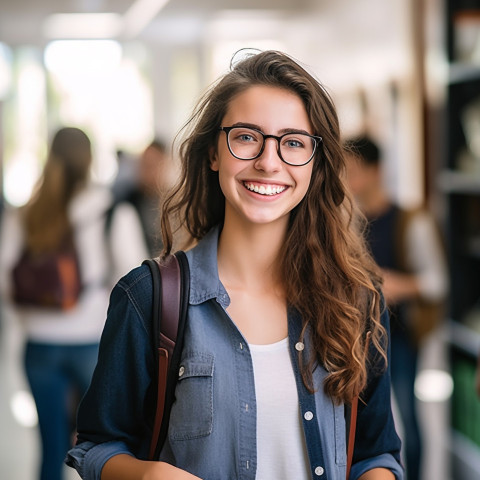 Friendly female college student working on blurred background