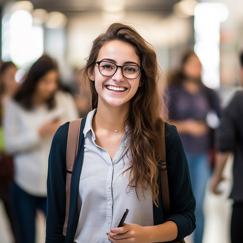 Friendly female college student working on blurred background