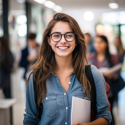 Friendly female college student working on blurred background