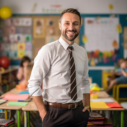 Happy male preschool teacher working with blurred background