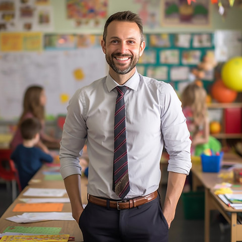 Happy male preschool teacher working with blurred background