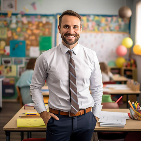 Happy male preschool teacher working with blurred background