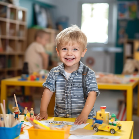 Happy preschool boy working on blurred background