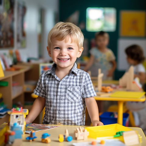 Happy preschool boy working on blurred background