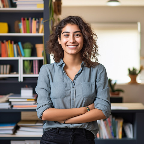 Happy international student working on blurred background