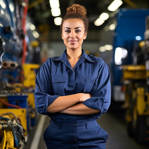 Skilled female bus mechanic repairing vehicle in workshop on blurred background