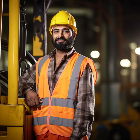 Skilled Indian crane operator working with a focused expression a blurred background