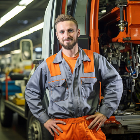 Skilled bus mechanic working with a smile against a blurred background