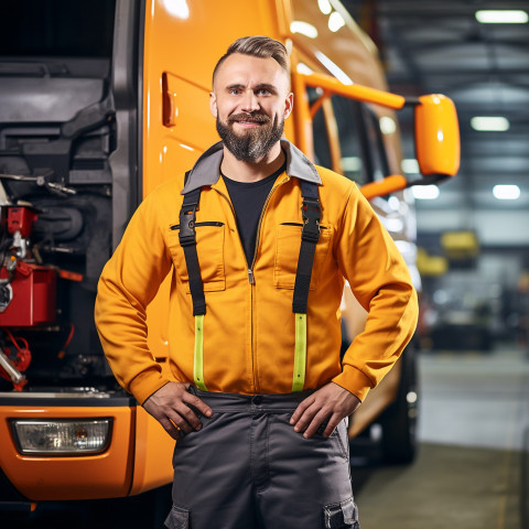 Skilled bus mechanic working with a smile against a blurred background