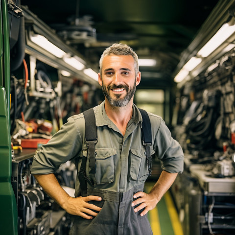 Skilled bus mechanic working with a smile against a blurred background