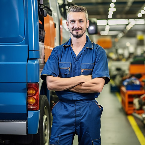 Skilled bus mechanic working with a smile against a blurred background